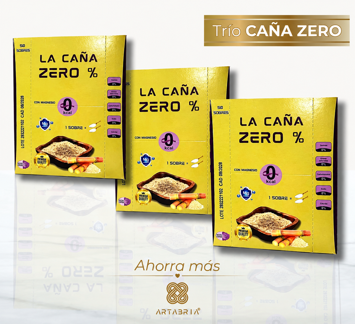 Trío de La Caña Zero de Artabria, trs cajas  de endulzante con 0 calorias. 